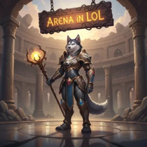 Fantasy game-inspired artwork featuring an anthropomorphic Husky in an arena setting, representing League of Legends content.