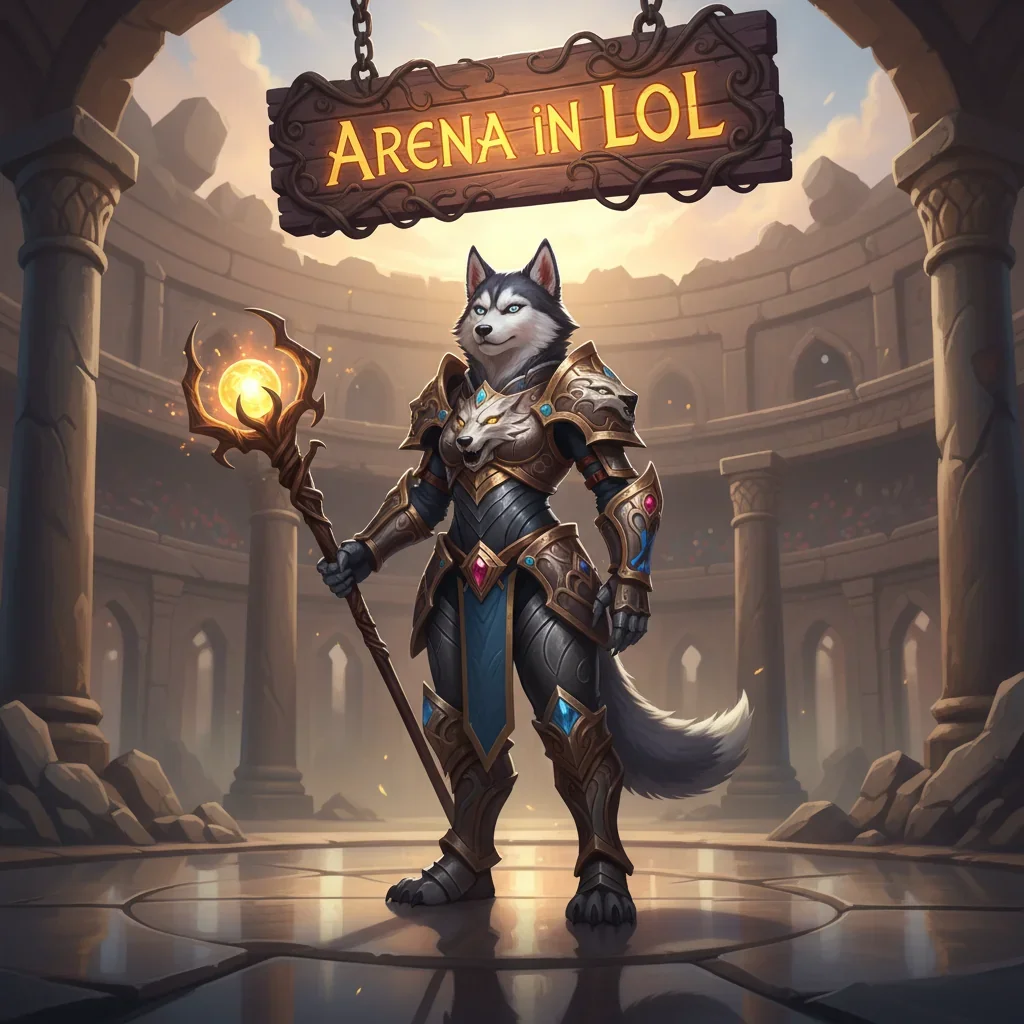 Fantasy game-inspired artwork featuring an anthropomorphic Husky in an arena setting, representing League of Legends content.