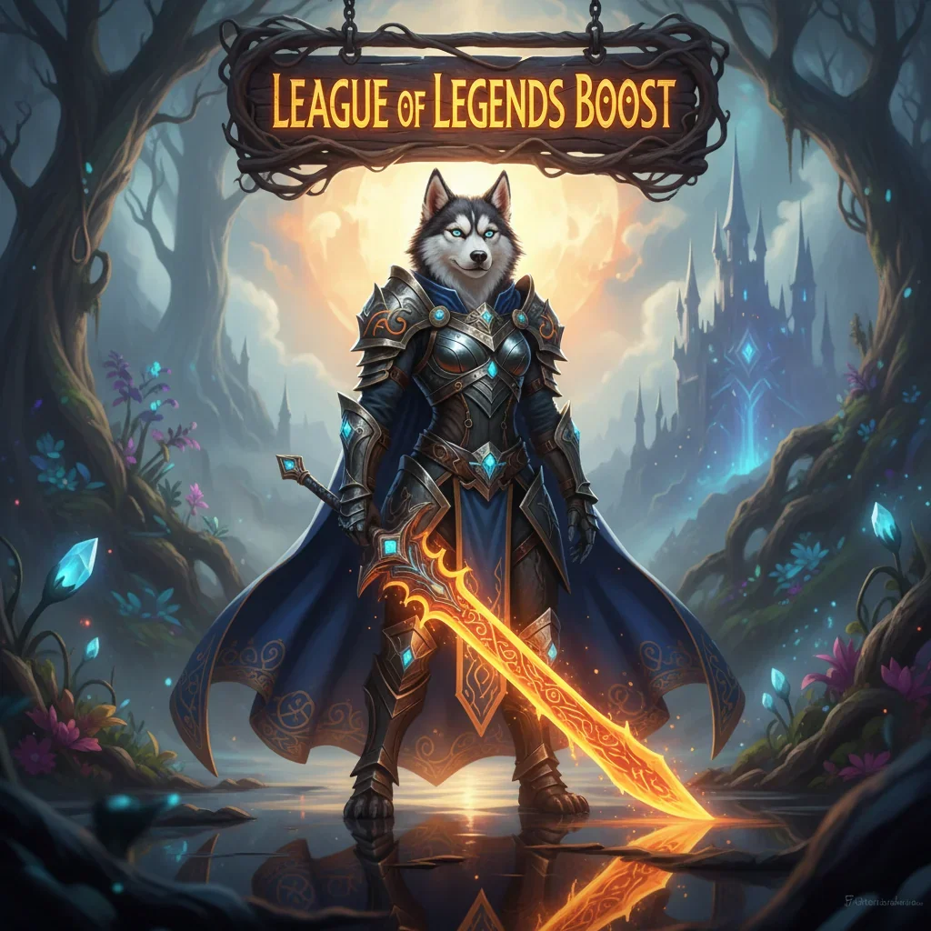 Anthropomorphic husky in fantasy armor within a mystical, game-inspired environment, representing League of Legends competitive ranked objectives and division advancement.