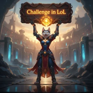 An anthropomorphic Husky character in fantasy armor, inspired by League of Legends challenge boosting content and game objectives.