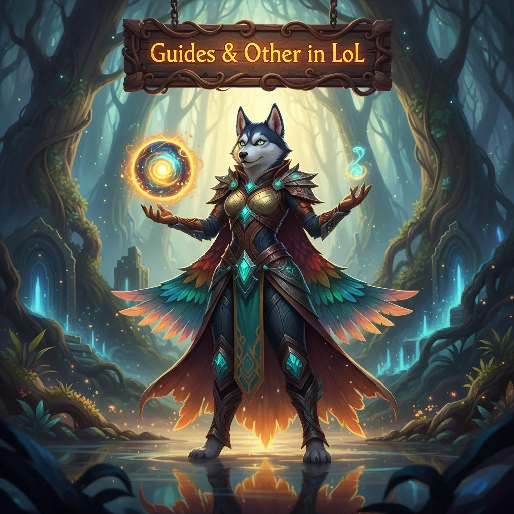 Anthropomorphic Husky character in fantasy armor, inspired by League of Legends game guides and related content.