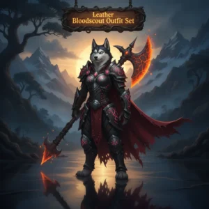An anthropomorphic Husky character in a leather Bloodscout outfit set, depicted in fantasy artwork focused on character customization content for WoW Midnight.