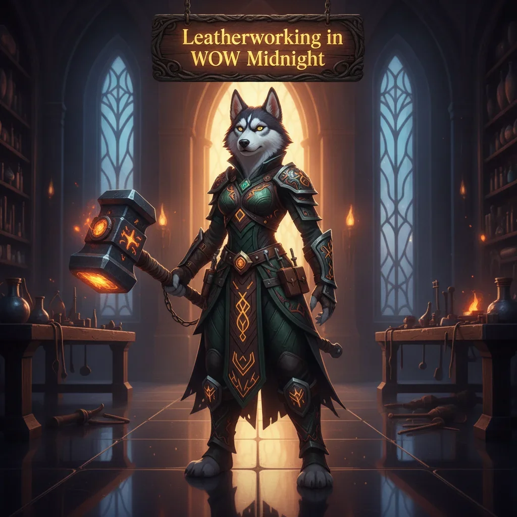 Fantasy artwork with an anthropomorphic Husky, representing Leatherworking profession content and development within a magical game world.