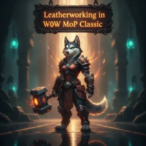 Fantasy artwork featuring an anthropomorphic husky character in leather armor, set in a game-inspired environment, representing crafting content.