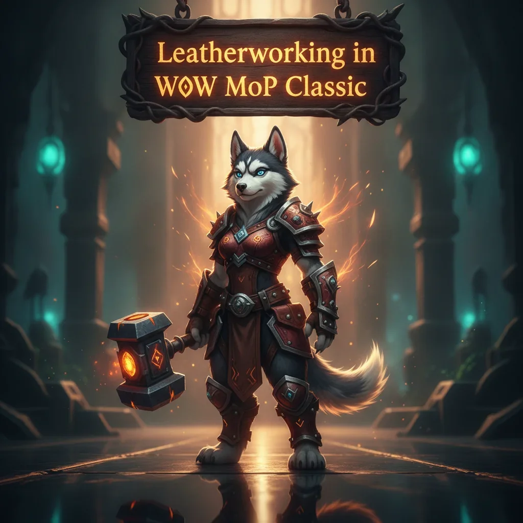 Fantasy artwork featuring an anthropomorphic husky character in leather armor, set in a game-inspired environment, representing crafting content.
