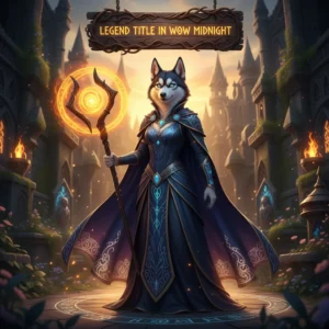 An anthropomorphic Husky in ornate fantasy armor, set in a mystical game world. Artwork representing the content for achieving a prestigious Legend Title in WoW Midnight.