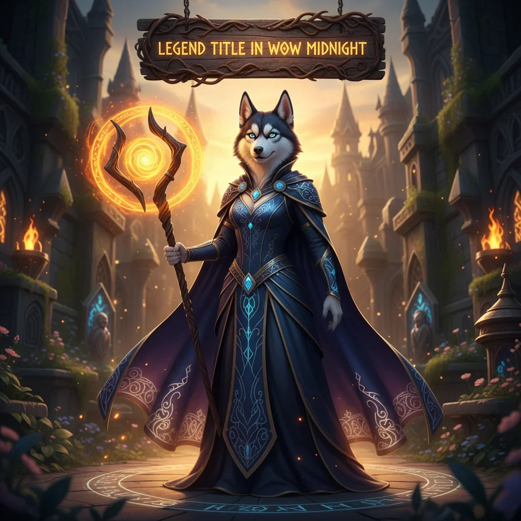An anthropomorphic Husky in ornate fantasy armor, set in a mystical game world. Artwork representing the content for achieving a prestigious Legend Title in WoW Midnight.