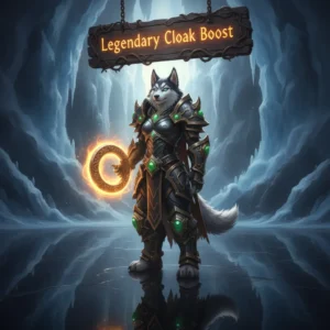 An anthropomorphic Husky character in fantasy armor stands in a game-inspired environment, representing content related to the Legendary Cloak in WoW MoP Classic.