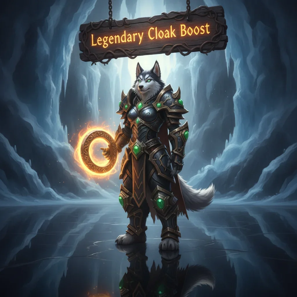 An anthropomorphic Husky character in fantasy armor stands in a game-inspired environment, representing content related to the Legendary Cloak in WoW MoP Classic.