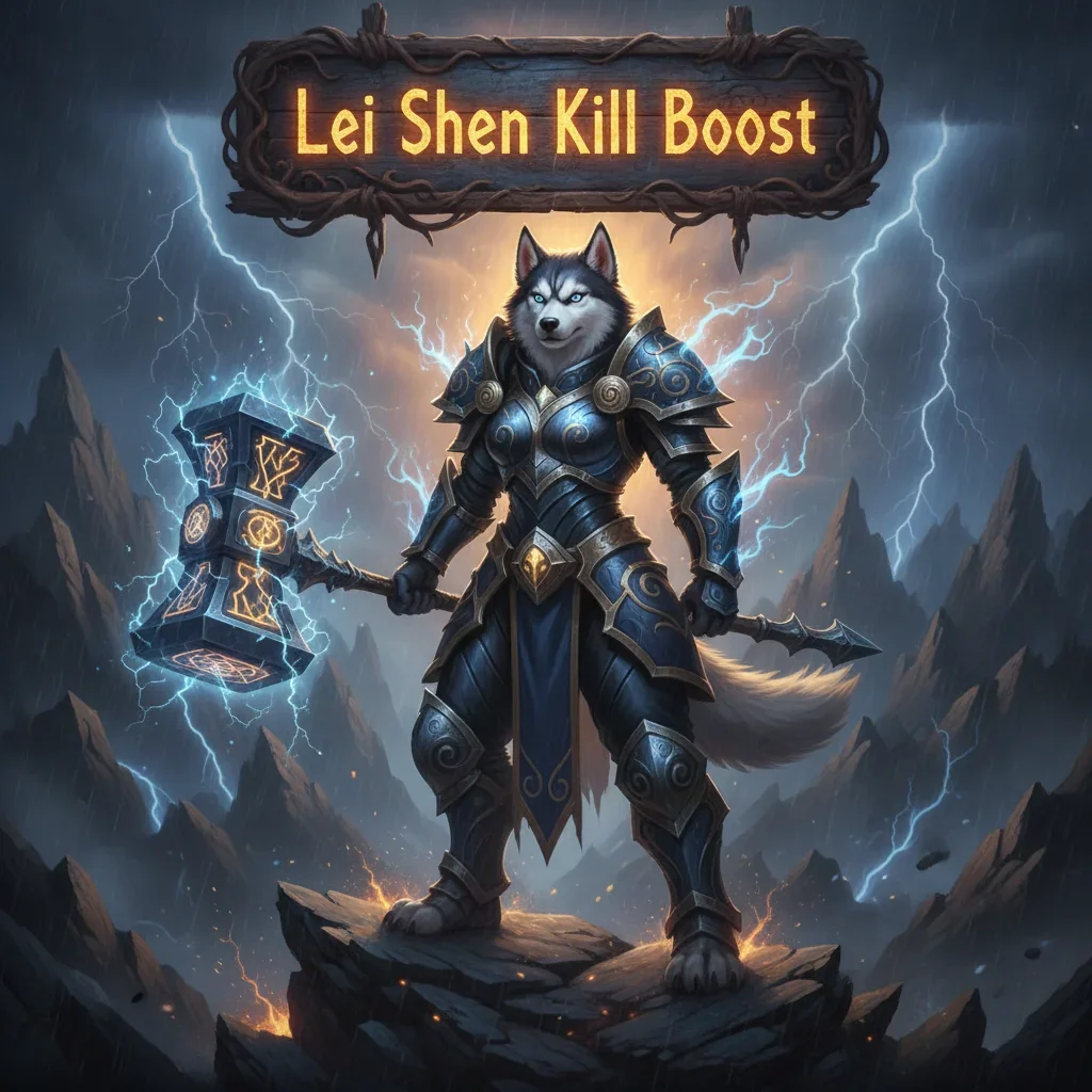 Fantasy artwork related to the Lei Shen boss challenge in WoW MoP Classic, featuring an anthropomorphic Husky character in a powerful pose amidst a mystical, game-inspired environment.
