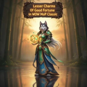 Fantasy game-inspired artwork featuring an anthropomorphic Husky in themed attire, related to obtaining Lesser Charms of Good Fortune.