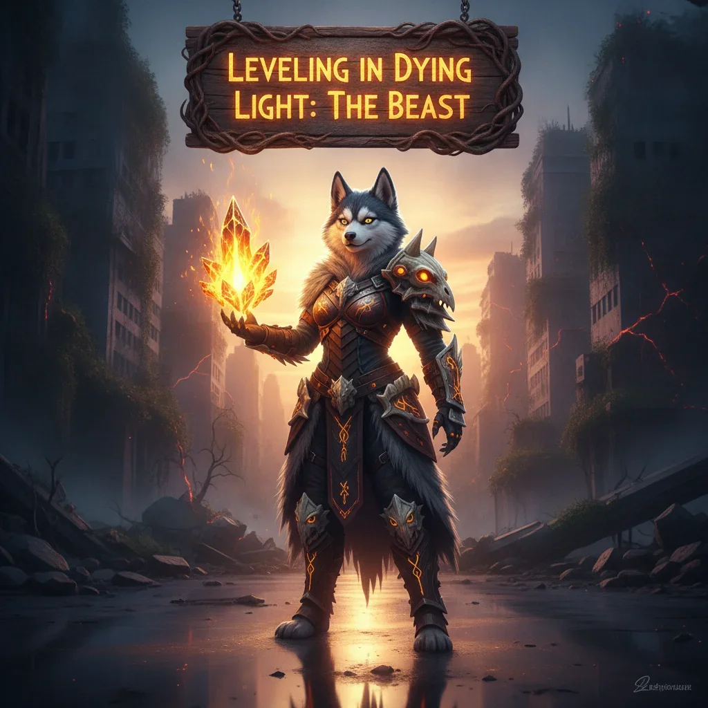 Fantasy game artwork with an anthropomorphic Husky character, representing character level progression content and preparation for confronting formidable 'The Beast' challenges.