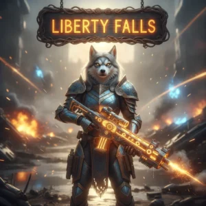 An anthropomorphic husky character, in fantasy attire, within an environment inspired by 'Liberty Falls' challenges in Black Ops 6. The artwork represents game objectives and content.