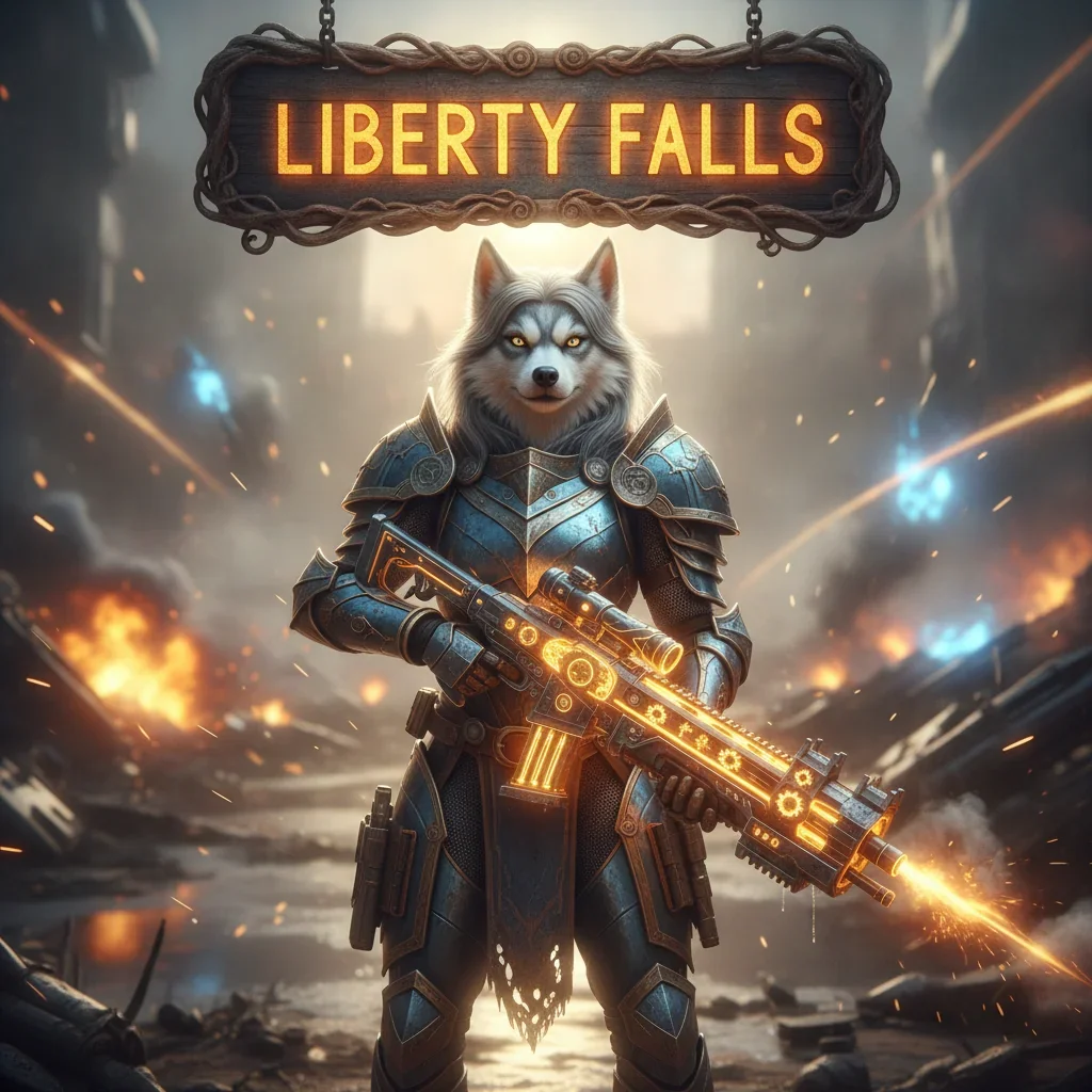 An anthropomorphic husky character, in fantasy attire, within an environment inspired by 'Liberty Falls' challenges in Black Ops 6. The artwork represents game objectives and content.