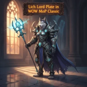 An anthropomorphic Husky character wearing elaborate Lich Lord-themed plate armor, standing in a desolate, frozen fantasy landscape from World of Warcraft: Mists of Pandaria Classic.