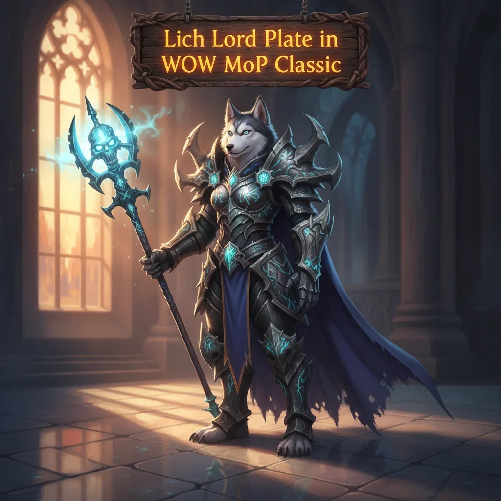 An anthropomorphic Husky character wearing elaborate Lich Lord-themed plate armor, standing in a desolate, frozen fantasy landscape from World of Warcraft: Mists of Pandaria Classic.