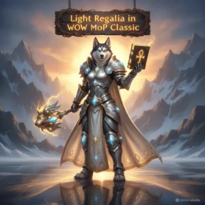 Artwork featuring an anthropomorphic Husky character wearing fantasy armor, inspired by Light Regalia content in World of Warcraft Mists of Pandaria Classic.
