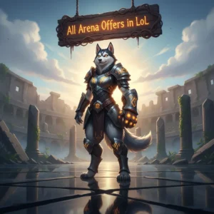 Fantasy artwork featuring an anthropomorphic Husky character, themed around League of Legends Arena boosting and competitive ranking.