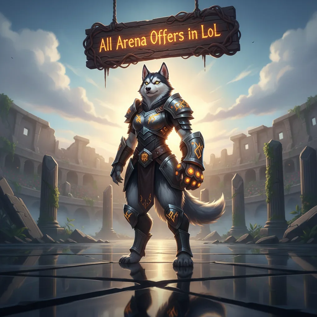 Fantasy artwork featuring an anthropomorphic Husky character, themed around League of Legends Arena boosting and competitive ranking.