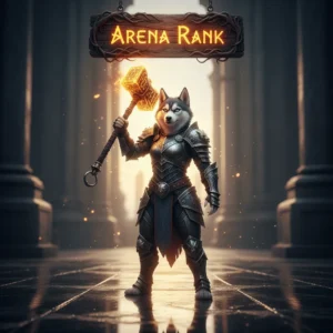 An anthropomorphic Husky character in fantasy armor stands within a grand arena, representing game rank advancement content.