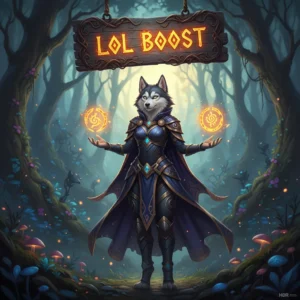 An anthropomorphic husky character in a fantasy game setting, embodying themes of competitive rank advancement and objective completion.