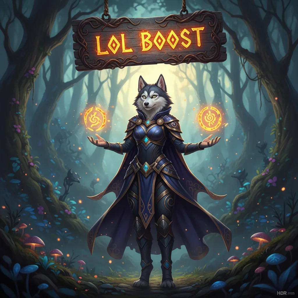 An anthropomorphic husky character in a fantasy game setting, embodying themes of competitive rank advancement and objective completion.