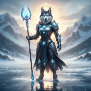 Een husky-mascotte te midden van een competitieve fantasiewereld, geïnspireerd op gerangschikte League of Legends-gameplay en ladder-systemen, met een focus op game-inhoud en -doelstellingen.