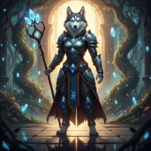 LoL Elo Boost hizmeti temalı, rütbeli içerik ve rekabetçi hedeflere odaklanan fantastik bir görsel. Bir husky maskotu da içerir.