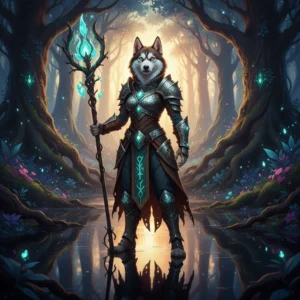 Fantasy-Kunstwerk, inspiriert von Elo-Boost-Diensten in einem Ranglistensystem, mit einem Husky-Maskottchen als sekundäres Branding-Element.