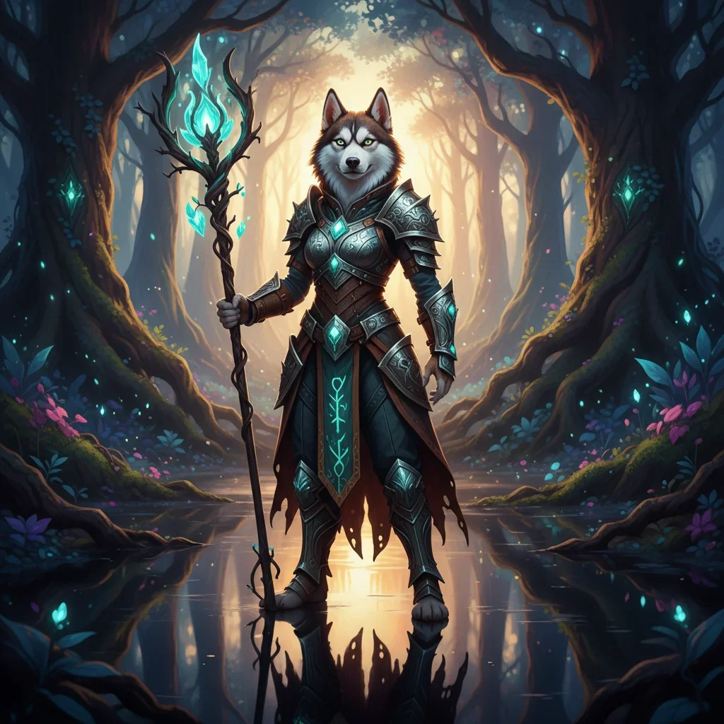 Fantasy-Kunstwerk, inspiriert von Elo-Boost-Diensten in einem Ranglistensystem, mit einem Husky-Maskottchen als sekundäres Branding-Element.