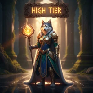 Fantasy game-inspired artwork featuring an anthropomorphic Husky character in armor, themed around League of Legends high-tier objectives.