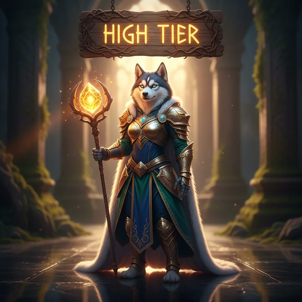 Fantasy game-inspired artwork featuring an anthropomorphic Husky character in armor, themed around League of Legends high-tier objectives.