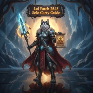 A fantasy game-inspired artwork featuring an anthropomorphic husky character in an epic pose, representing a solo carry guide.