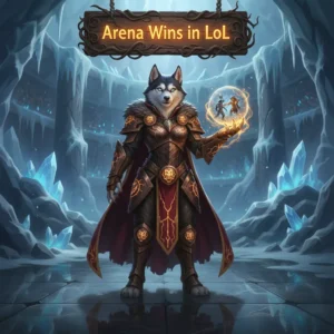 An anthropomorphic Husky character in fantasy attire, standing heroically in an arena setting, inspired by competitive game content.