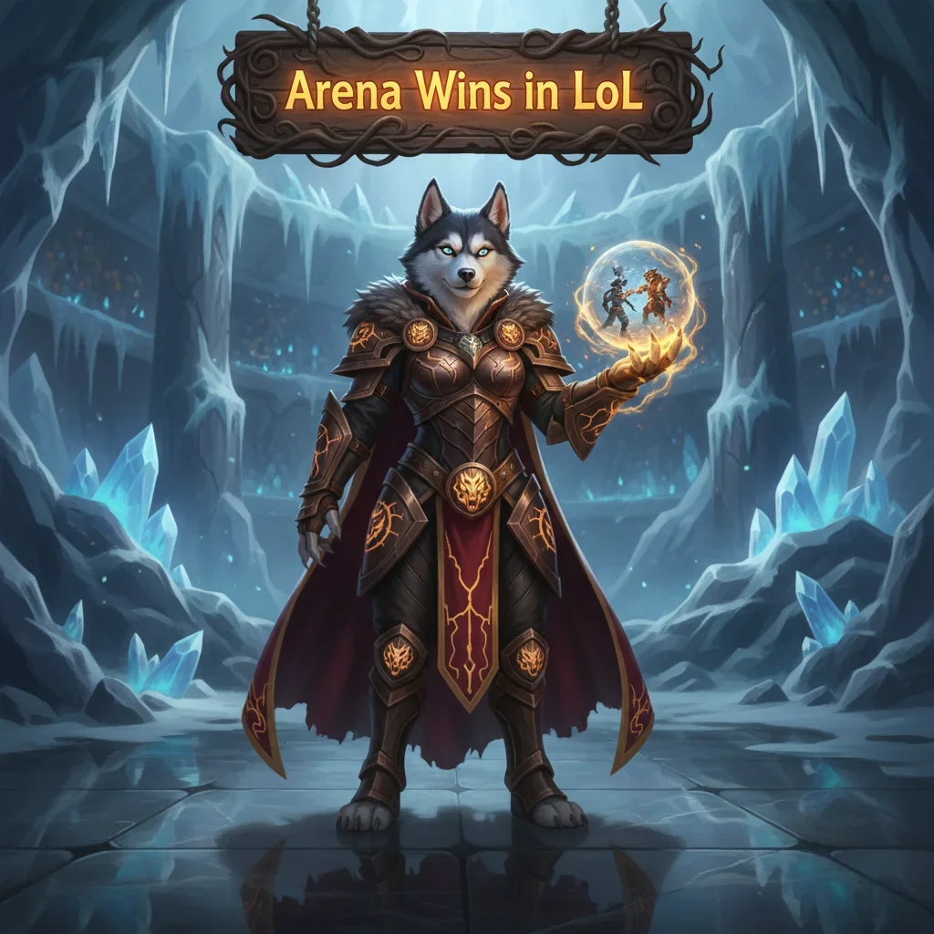 An anthropomorphic Husky character in fantasy attire, standing heroically in an arena setting, inspired by competitive game content.