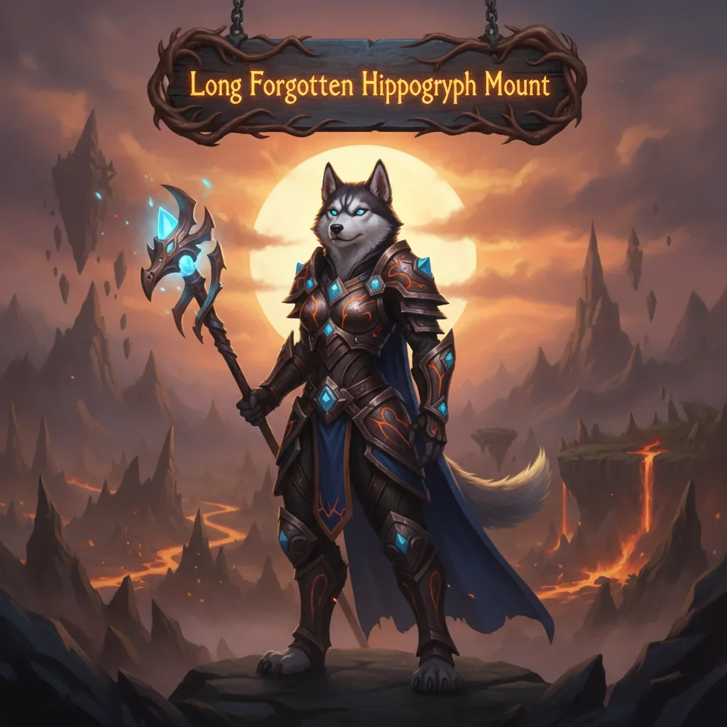 Fantasy artwork featuring an anthropomorphic Husky character, themed around the acquisition of a majestic, long-forgotten Hippogryph mount in a WoW Midnight-inspired environment.
