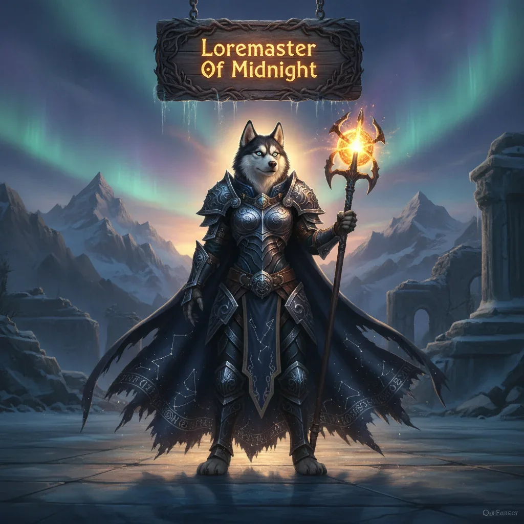 A fantasy artwork featuring an anthropomorphic Husky character, dressed in intricate midnight-themed robes, surrounded by ancient texts and magical artifacts, representing Loremaster content.