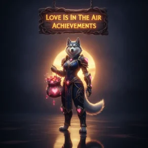 Fantasy game-inspired artwork featuring an anthropomorphic husky character in a themed outfit, representing Love Is In The Air seasonal event content and achievement objectives.