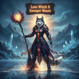 Fantasy artwork of an anthropomorphic Husky character, themed as a Love Witch, in a magical Midnight realm, representing Sweeper Mount acquisition content.