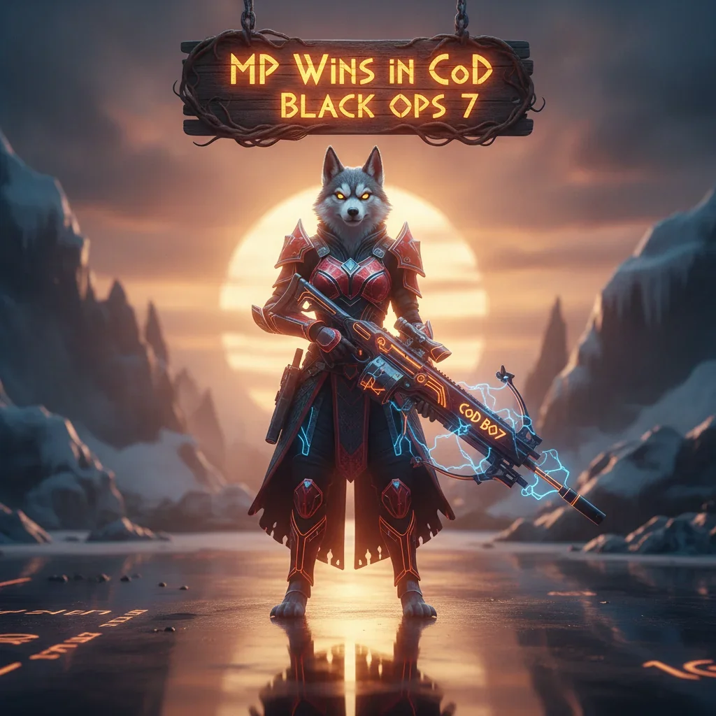 Anthropomorphic Husky character in fantasy attire within a game-inspired setting, representing multiplayer victory objectives and performance enhancement content for a fantasy game.