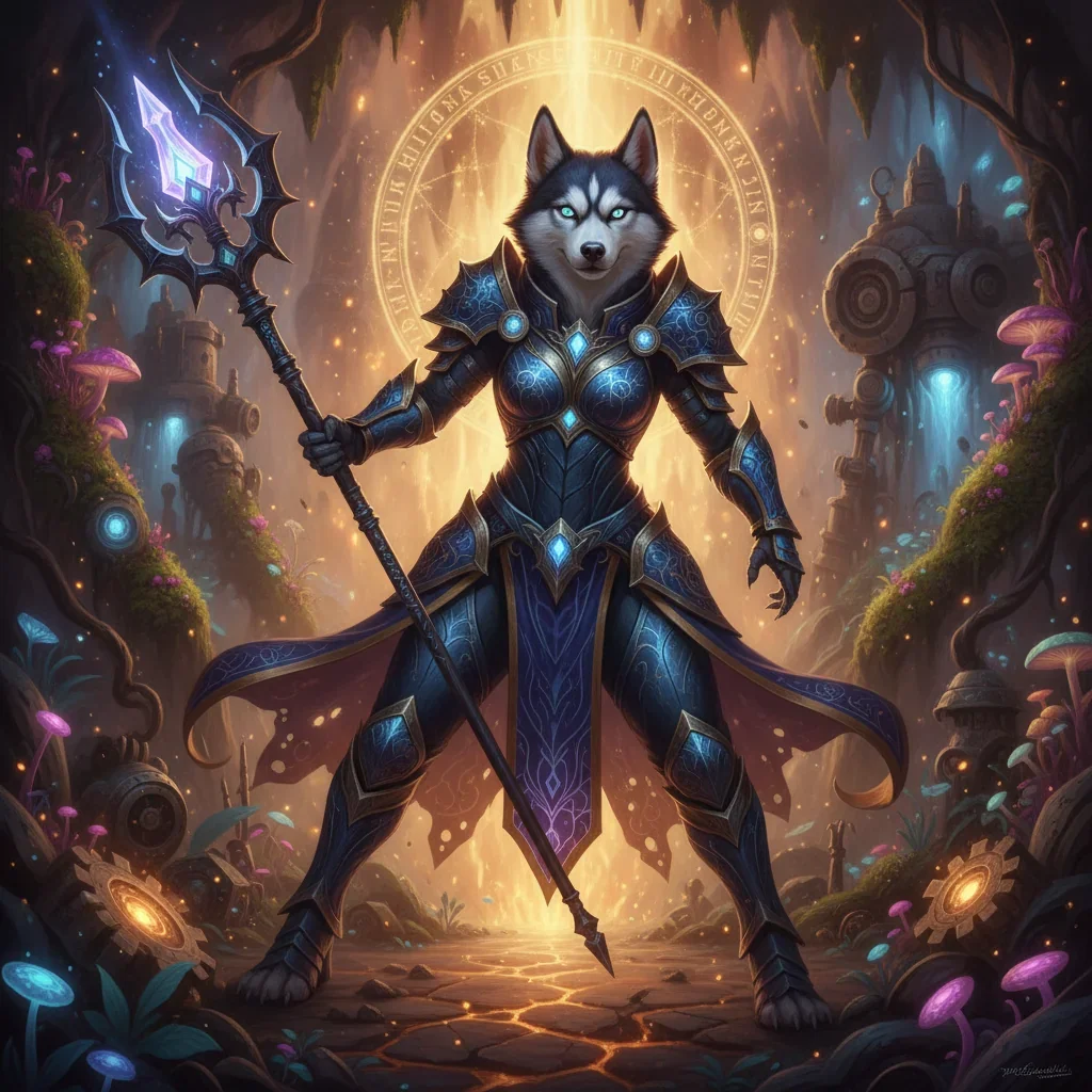 A fantasy artwork featuring an anthropomorphic husky character in detailed armor, inspired by Machine Defense Unit challenges and mount acquisition content in WoW Midnight.
