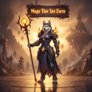An anthropomorphic husky character in an arcane fantasy setting, adorned in mystic robes, representing the pursuit of a Mage Tier Set in a game like WoW Midnight.