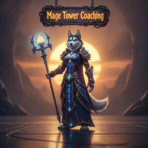 An anthropomorphic husky character in fantasy magical robes stands in a mystical tower environment, inspired by Mage Tower challenges and objectives.