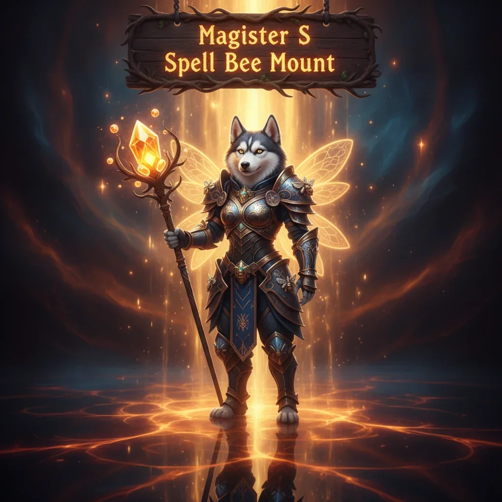 Anthropomorphic Husky in fantasy robes, themed around the Magister's Spell Bee Mount in a WoW Midnight-inspired magical realm. Artwork represents unique mount acquisition content and objectives.