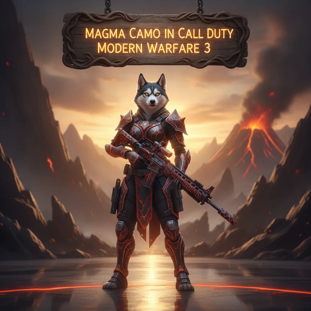 Fantasy artwork featuring an armored anthropomorphic husky against a volcanic backdrop, representing Magma Camo weapon unlock content for Modern Warfare 3.
