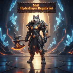 An anthropomorphic Husky character, clad in Mail Hydraflayer Regalia Set inspired armor, stands in a fantasy environment. The artwork represents equipment acquisition and character customization content within WoW Midnight.