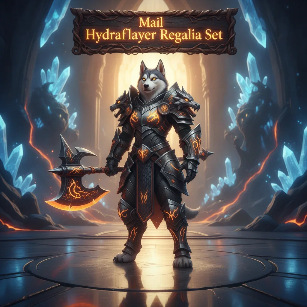 An anthropomorphic Husky character, clad in Mail Hydraflayer Regalia Set inspired armor, stands in a fantasy environment. The artwork represents equipment acquisition and character customization content within WoW Midnight.