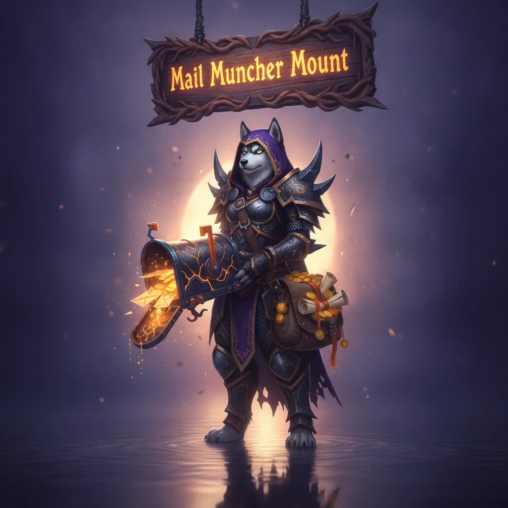 Fantasy artwork featuring an anthropomorphic Husky character, themed around Mail Muncher Mount acquisition content and collection objectives in WoW Midnight.