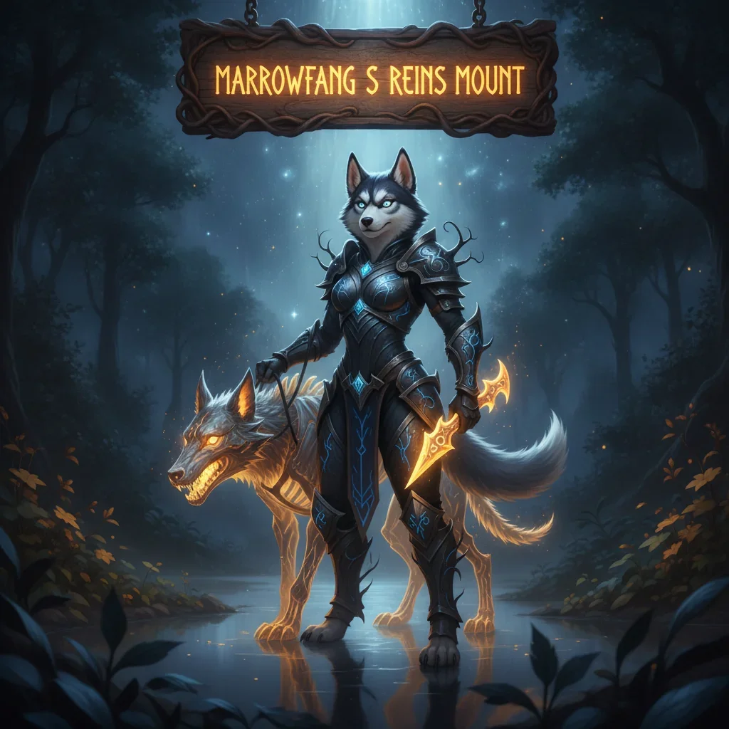 An anthropomorphic Husky character, clad in fantasy armor, in a mystical environment, representing the Marrowfang S Reins mount acquisition content in WoW Midnight.