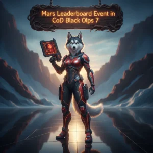Fantasy artwork with an anthropomorphic Husky in futuristic armor on a red, rocky Mars-like landscape, related to a competitive leaderboard event.